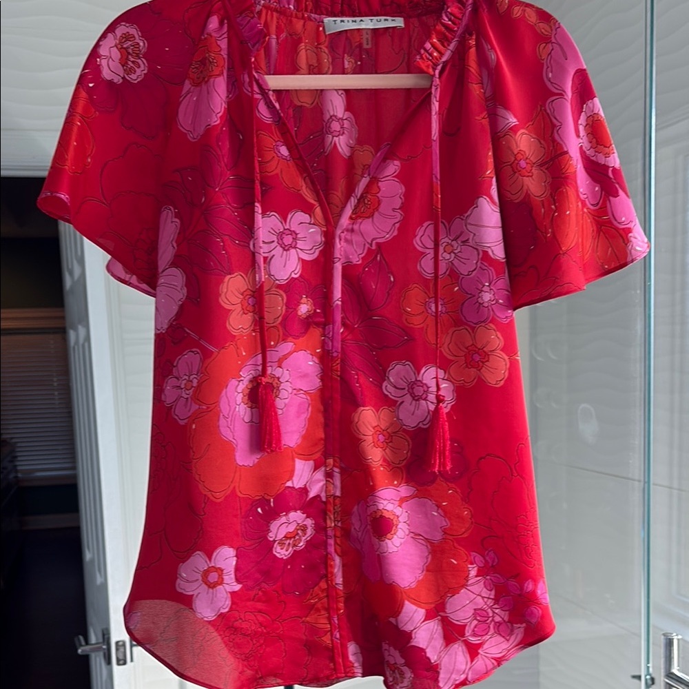 Trina Turk Red Flutter Sleeve Blouse with Tie Front